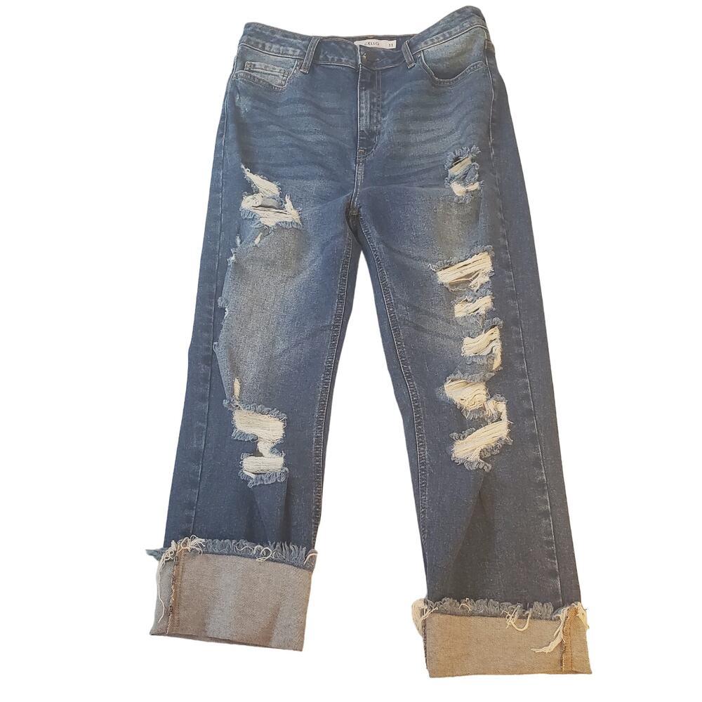 Cello High Rise Stretch Cuff Capri Distressed Medium Wash Denim Jeans Sz 11